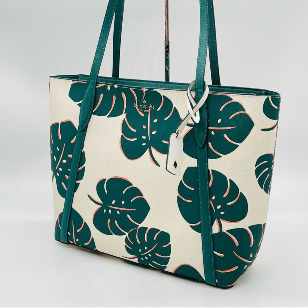 Kate Spade Cara Monstera Leaves Printed Refined Grain Leather Large Tote Bag - Picture 5 of 11